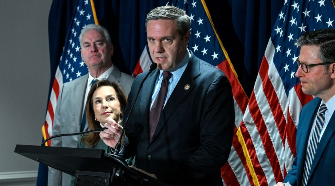 Rep. Jeff Hurd (R-Colo.) speaks to reporters in Washington on Jan. 22, 2025. Hurd, a first-term congressman, was one of six House Republicans who joined most Democrats in supporting a largely symbolic measure in February to rescind tariffs that President Donald Trump had imposed on Canada last year. (Kenny Holston/The New York Times)