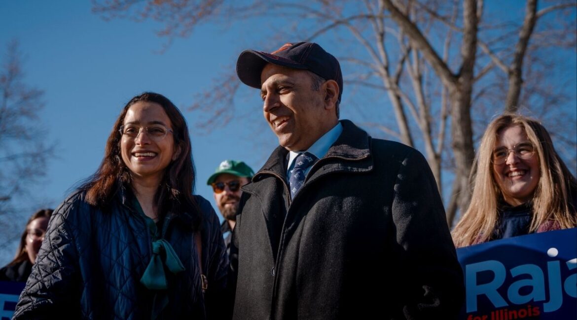 Rep. Raja Krishnamoorthi (D-Ill.), a candidate for the U.S. Senate, speaks to reporters at a polling location in Schaumburg, Ill., on Tuesday, March 17, 2026. (Jamie Kelter Davis/The New York Times)