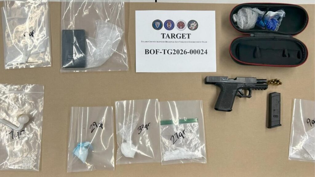 Robert Bailey, 51, of Exeter, was arrested Monday, March 2, 2026, on felony warrants after Visalia Police found methamphetamine and a privately manufactured pistol. (Visalia PD)