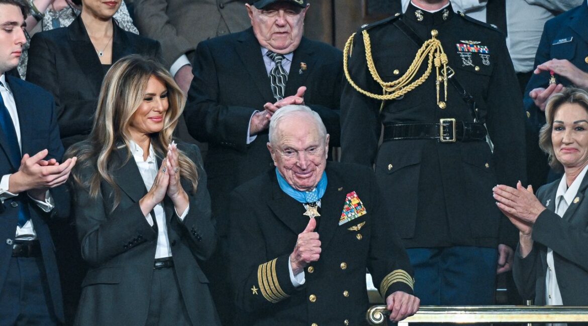 Image of Melania Trump looking on as 100-year-old Royce Williams receives the Medal of Honor
