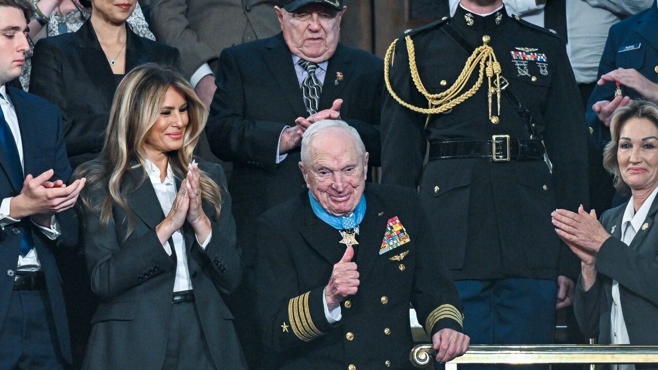 Image of Melania Trump looking on as 100-year-old Royce Williams receives the Medal of Honor