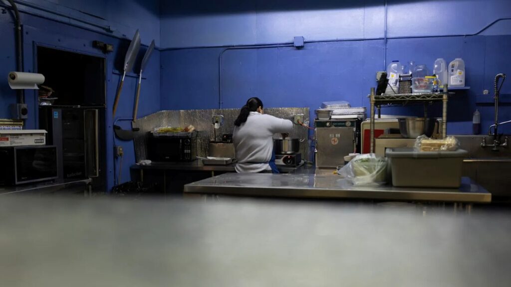 Image of a woman working in the back of a restaurant. His back is to the camera.