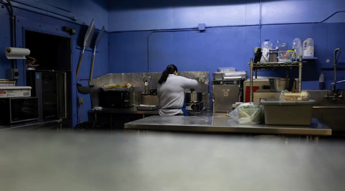 Image of a woman working in the back of a restaurant. His back is to the camera.