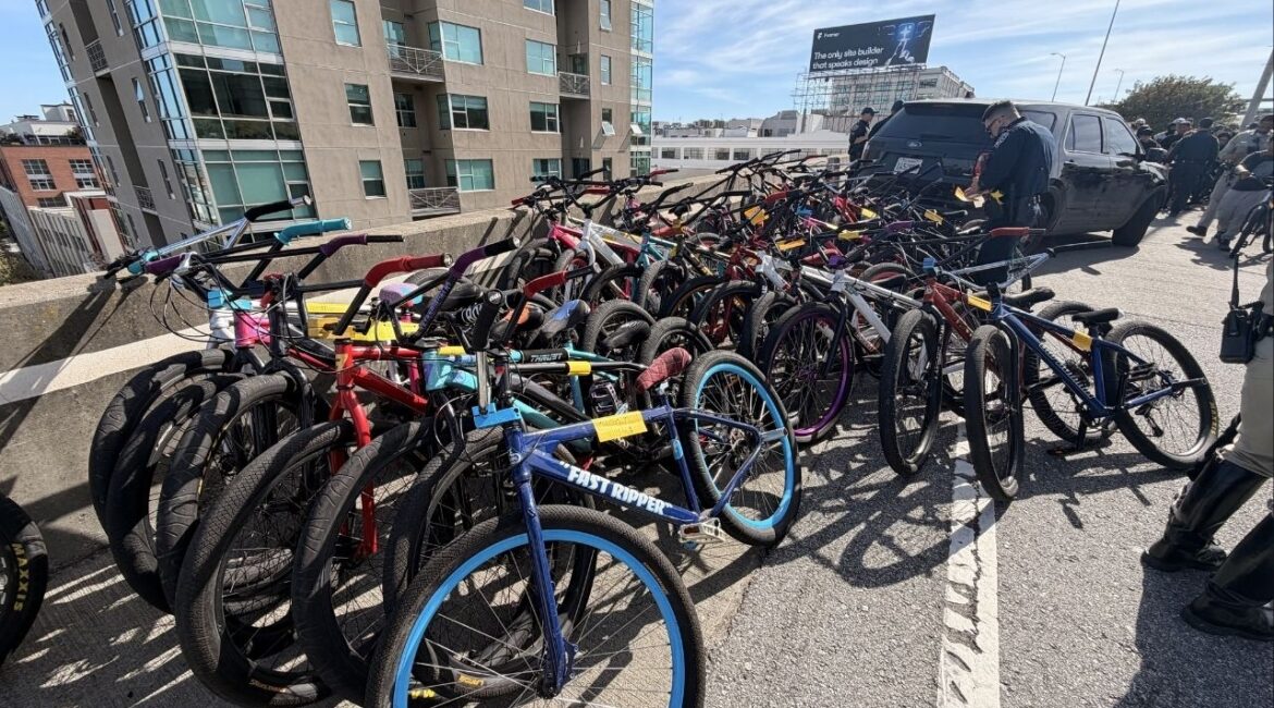 San Francisco authorities detained 85 bicyclists and seized 85 bikes Saturday, March 28, 2026, after the group attempted to ride onto the San Francisco–Oakland Bay Bridge, creating serious safety hazards. (CHP)