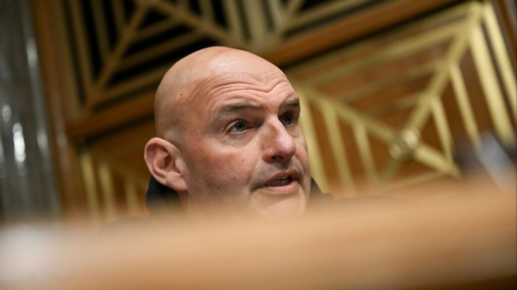 Sen. John Fetterman (D-Pa.) at the U.S. Capitol in Washington, Wednesday, March 18, 2026. For the second time since the war began, Senate Democrats tried and failed to win passage of a resolution that would have halted the offensive to Iran until President Donald Trump went to Congress for approval. Fetterman was the only Democrat to vote against the resolution. (Kenny Holston/The New York Times)