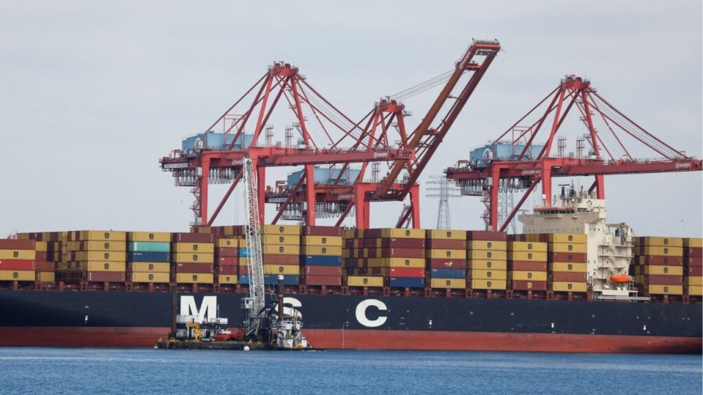 Shipping containers sit on a Mediterranean Shipping Company vessel docked at the port of Los Angeles in Long Beach, California, U.S., March 10, 2026. (Reuters/Caroline Brehman)
