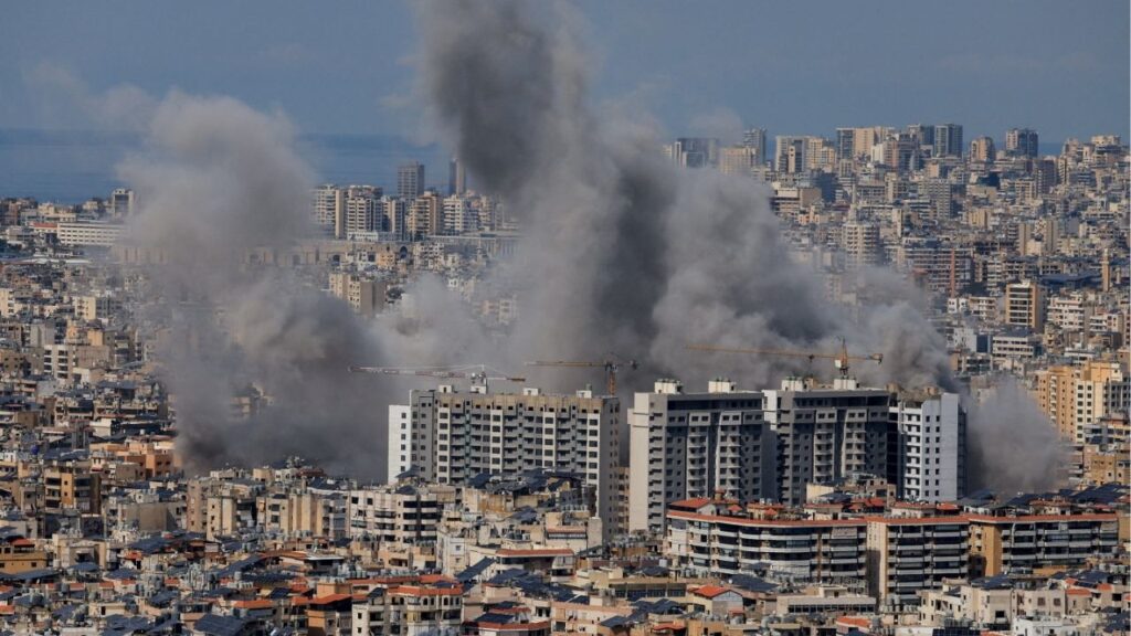 Smoke billows after reported strikes on Beirut's southern suburbs, following an escalation between Hezbollah and Israel amid the U.S.-Israeli conflict with Iran, as seen from Baabda, Lebanon, March 6, 2026. (Reuters/Mohamed Azakir)