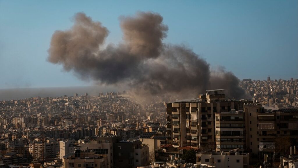 Smoke rises from an Israeli airstrike in Dahiyeh, the southern suburbs of Beirut, Lebanon, on Tuesday, March 10, 2026. Israel’s military announced a new wave of strikes in Tehran, the Iranian capital, on Tuesday after Prime Minister Benjamin Netanyahu said that he hoped the Iranian people would oust the Islamic republic and that “ultimately, it is up to them” on when the war would end. (Diego Ibarra Sánchez/The New York Times)
