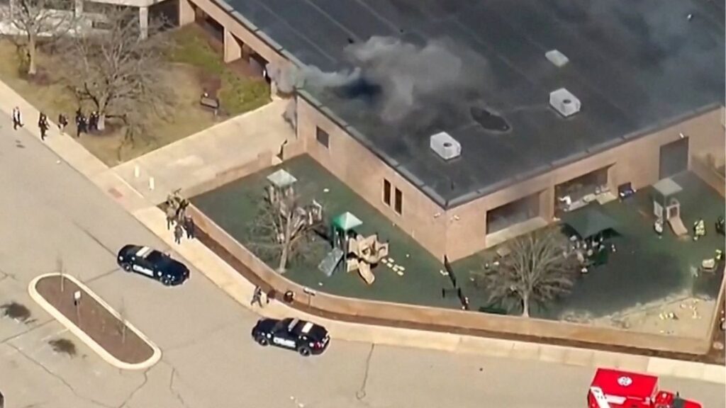 Smoke rises from the building after the Michigan State Police reported an active shooting incident at the Temple Israel Synagogue in West Bloomfield, Michigan, U.S., March 12, 2026 in a still image from video. (ABC Affiliate WXYZ via Reuters)