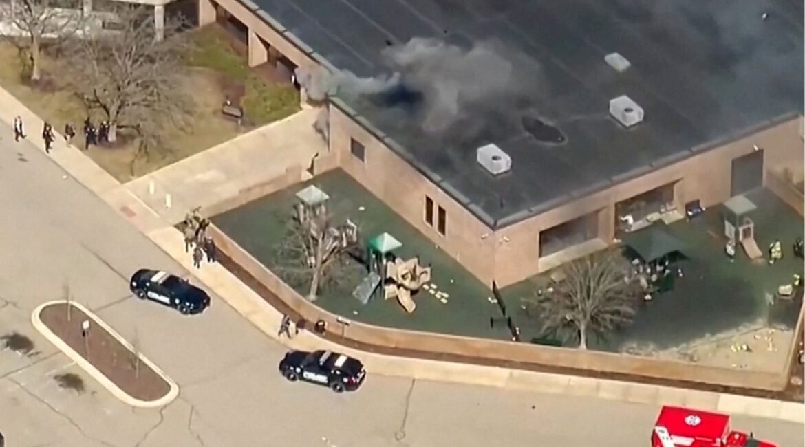 Smoke rises from the building after the Michigan State Police reported an active shooting incident at the Temple Israel Synagogue in West Bloomfield, Michigan, U.S., March 12, 2026 in a still image from video. (ABC Affiliate WXYZ via Reuters)