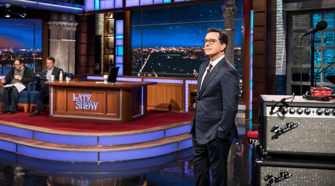 Stephen Colbert in rehearsals on the set of “The Late Show,” in Manhattan, April 4, 2017. In an announcement video with the director Peter Jackson, the late-night host said he was developing a new film based on early chapters of the trilogy. (Chad Batka/The New York Times)