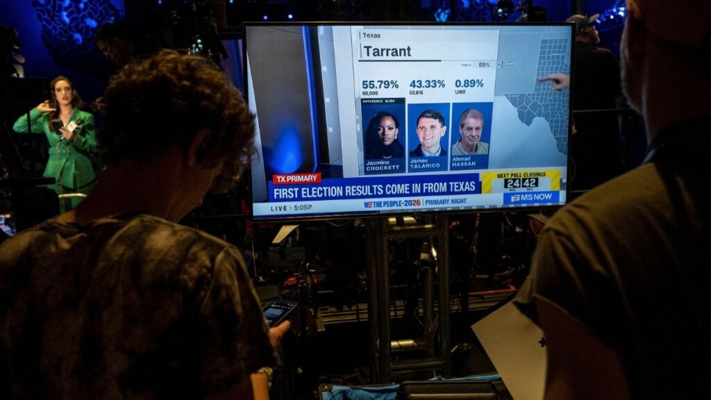 Supporters of Democratic U.S. Senate candidate for Texas, James Talarico, watch as primary election results are reported on MS NOW during Talarico's primary election night party in Austin, Texas, U.S., March 3, 2026. (Reuters/Joel Angel Juarez)