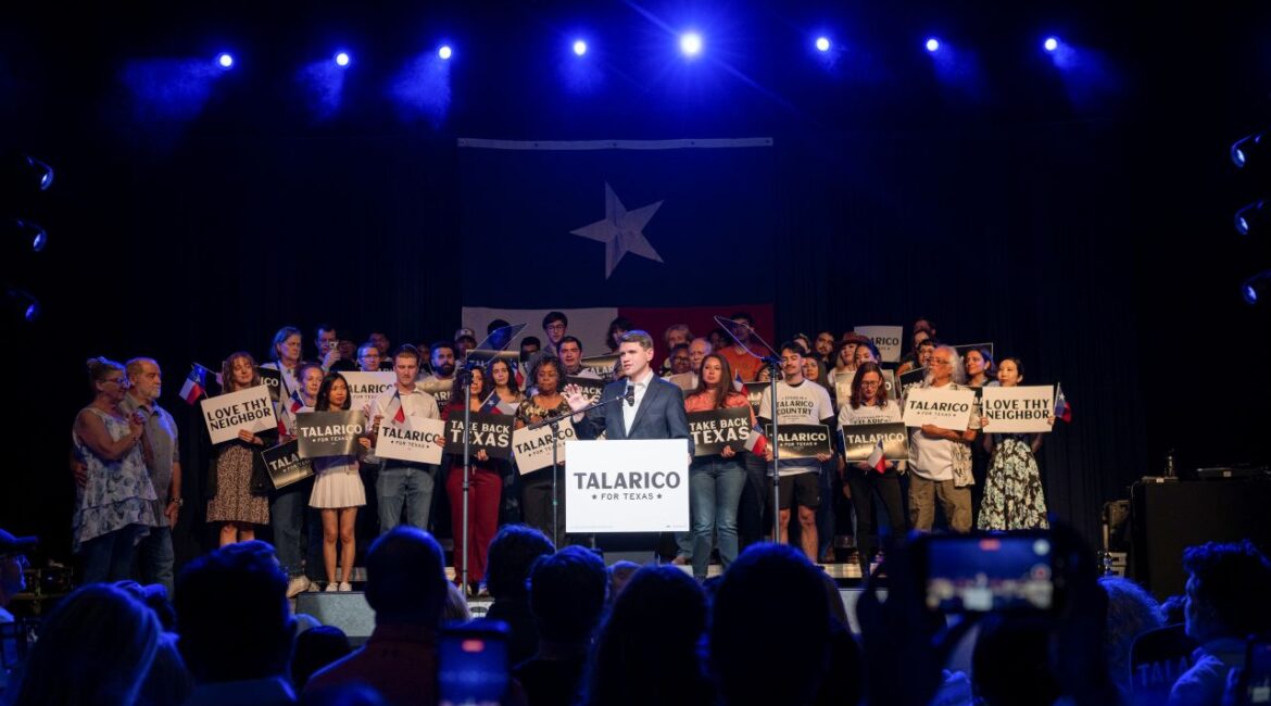 Image of U.S. Senate candidate James Talarico surrounded by his campaign supporters in Austin, Texas