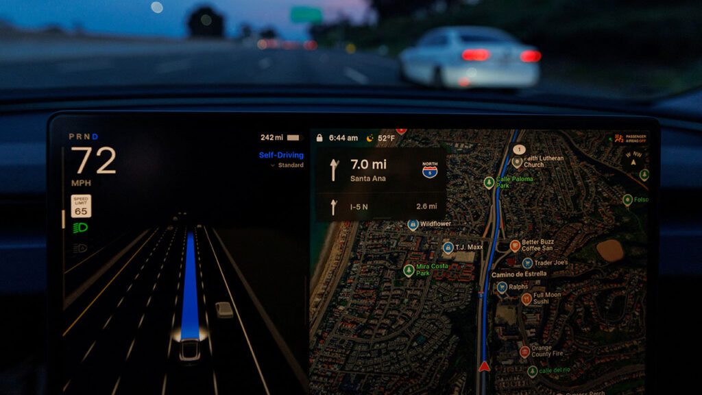 A Tesla Model 3 is shown driving on the highway with FSD 14.2.2.3 self driving-supervised software in Dana Point, California, U.S., January 28, 2026. (Reuters/Mike Blake)
