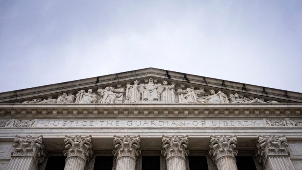 The back of the Supreme Court in Washington on on Monday, Dec. 8, 2025. The Republican National Committee wants to toss ballots arriving after Election Day. Critics say thousands of votes — a majority cast by Democrats — are at stake. (Al Drago/The New York Times)