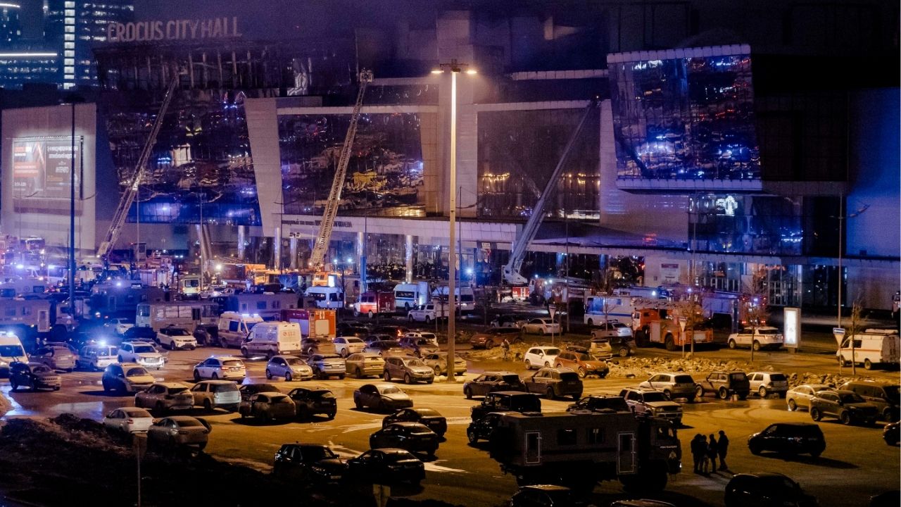 The burnt roof of Crocus City Hall, a concert venue on the outskirts of Moscow where several camouflage-clad gunmen opened fire, leading to the deaths of at least 149 people, March 22, 2024. A Moscow court on Thursday, March 12, 2026, handed down life sentences to 15 men in connection with a 2024 massacre that killed at least 149 people at a concert hall, the deadliest terror attack in Russia in two decades. (Nanna Heitmann/The New York Times)