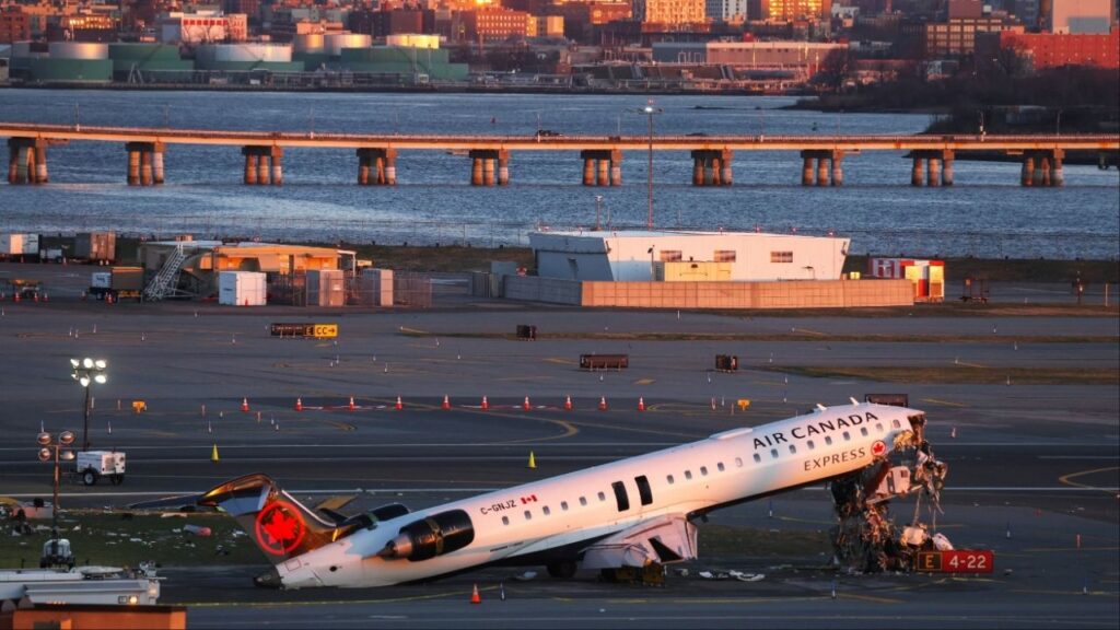 The wreckage of an Air Canada Express jet that collided with a ground vehicle at New York's LaGuardia Airport on Monday in Queens, New York, U.S., March 24, 2026. (Reuters/Shannon Stapleton)