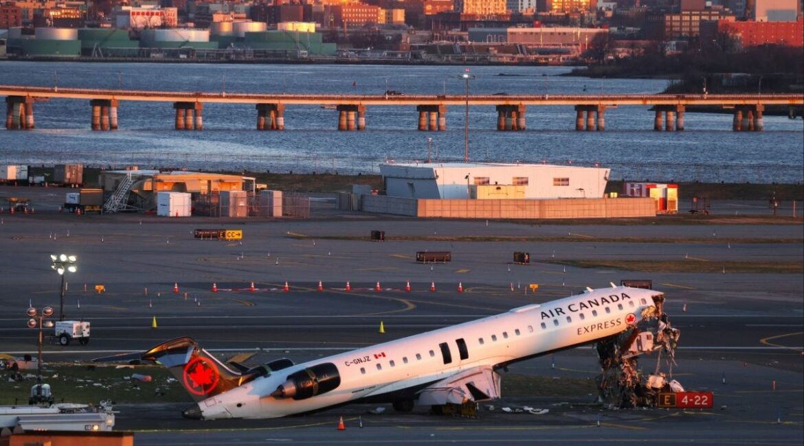 The wreckage of an Air Canada Express jet that collided with a ground vehicle at New York's LaGuardia Airport on Monday in Queens, New York, U.S., March 24, 2026. (Reuters/Shannon Stapleton)