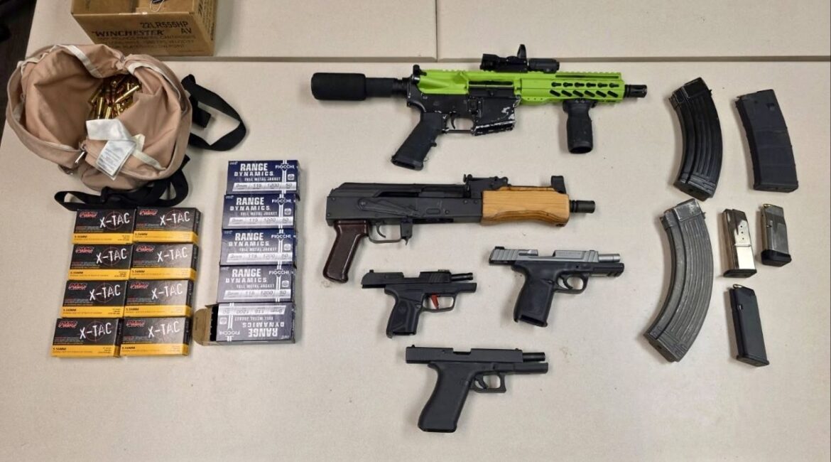 Three people were arrested in Mojave after deputies responding to a shots fired call found multiple illegal firearms and ammunition during a traffic stop on Tuesday, March 17, 2026. (Kern County SO)