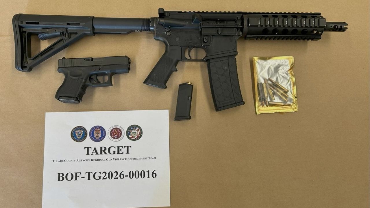 Three people were arrested in Visalia after authorities found an illegal AR-15-style machine gun, a Glock pistol, and other firearms during a March 20 search. (Visalia PD)