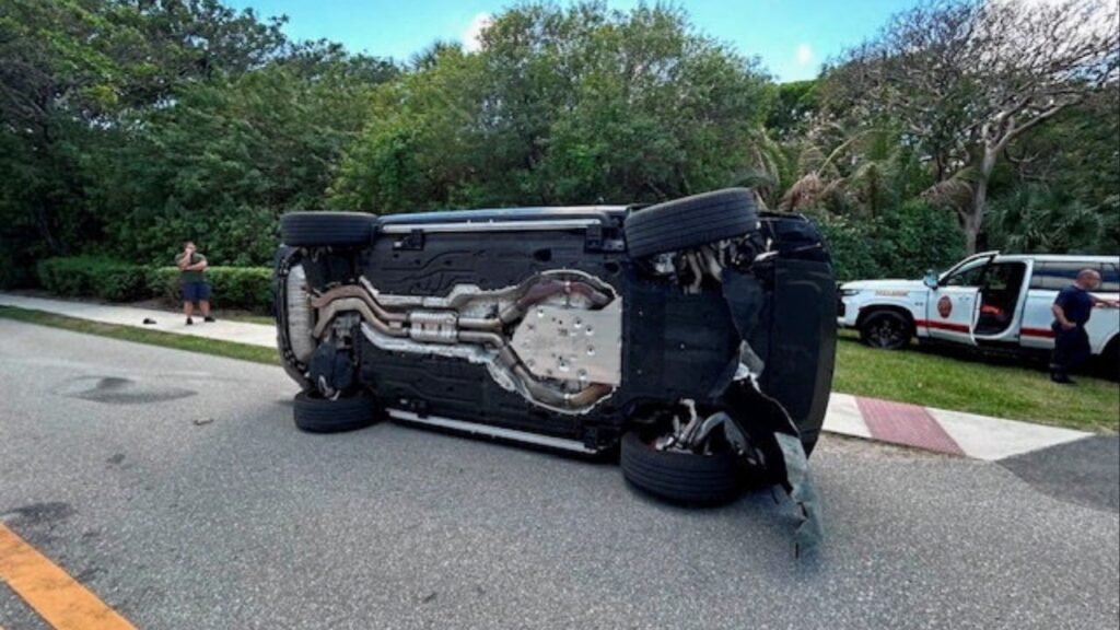 Tiger Woods' Land Rover rolled over on a two-lane road near his Jupiter Island home, in this handout image released by the Martin County Sheriff's Office on March 28, 2026, as Woods was arrested on suspicion of DUI, in Jupiter Island, Florida, U.S. Martin County Sheriff's Office/Handout via REUTERS