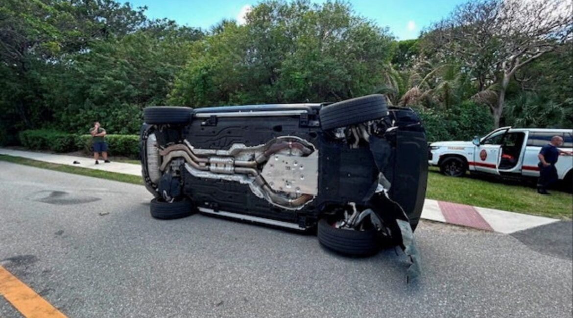 Tiger Woods' Land Rover rolled over on a two-lane road near his Jupiter Island home, in this handout image released by the Martin County Sheriff's Office on March 28, 2026, as Woods was arrested on suspicion of DUI, in Jupiter Island, Florida, U.S. Martin County Sheriff's Office/Handout via REUTERS