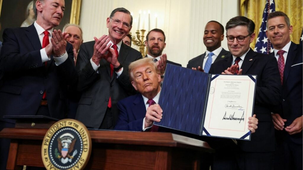 U.S. President Donald Trump shows a signed resolution approved by Congress to rescind the EPA's 2023 approval of California's plans to require a rising number of zero-emission heavy-duty trucks, and another resolution on California's low-NOx, or low-nitrogen oxide, regulation for heavy-duty highway and off-road vehicles and engines, at the White House in Washington, D.C., U.S., June 12, 2025. (Reuters File)
