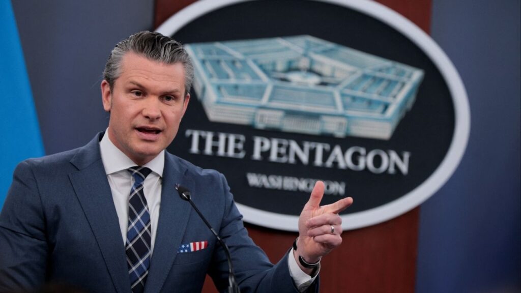 U.S. Secretary of Defense Pete Hegseth holds a briefing with Chairman of the Joint Chiefs of Staff General Dan Caine, amid the U.S.-Israeli war on Iran, at the Pentagon in Washington, D.C., U.S., March 19, 2026. (Reuters/Evan Vucci)