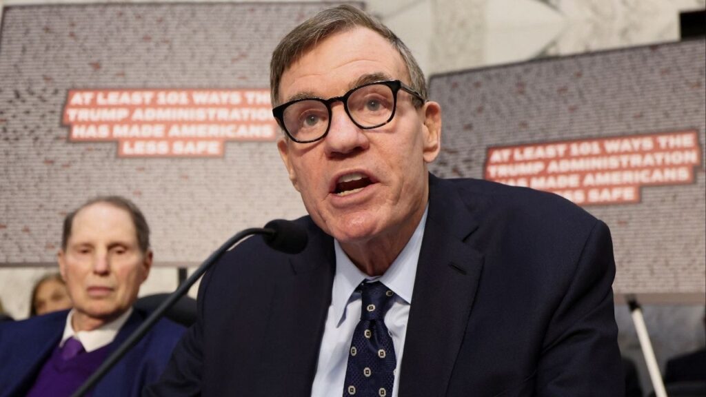U.S. Senator Mark Warner (D-VA) speaks during a Senate Intelligence Committee hearing on Capitol Hill in Washington, D.C., U.S., March 18, 2026. (Reuters/Kevin Lamarque)