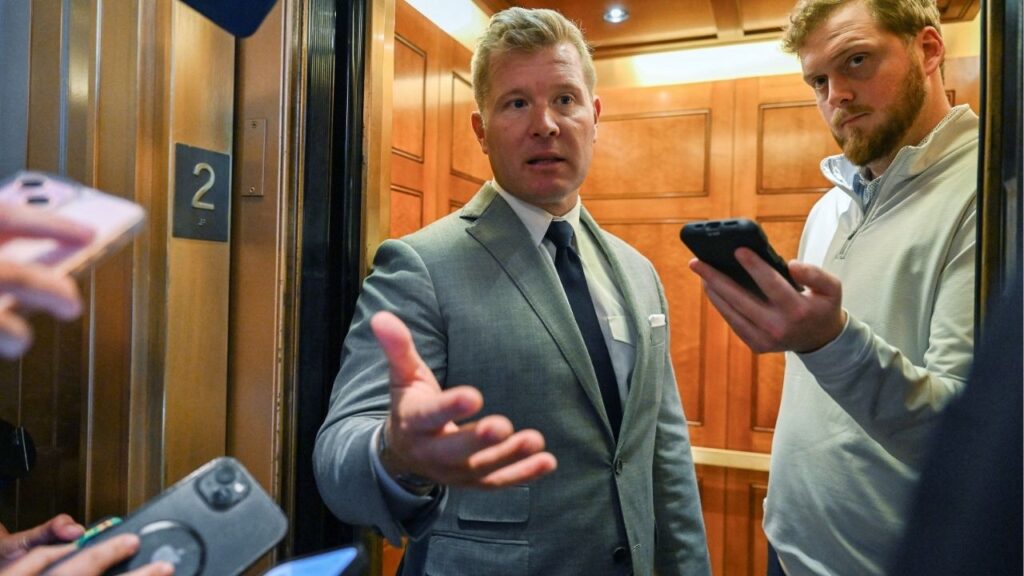 U.S. Senator Tim Sheehy (R-MT) speaks to the media, after a Senate GOP lunch, as Republican lawmakers struggle to pass U.S. President Donald Trump’s sweeping spending and tax bill, on Capitol Hill in Washington, D.C., U.S., June 28, 2025. (Reuters File)