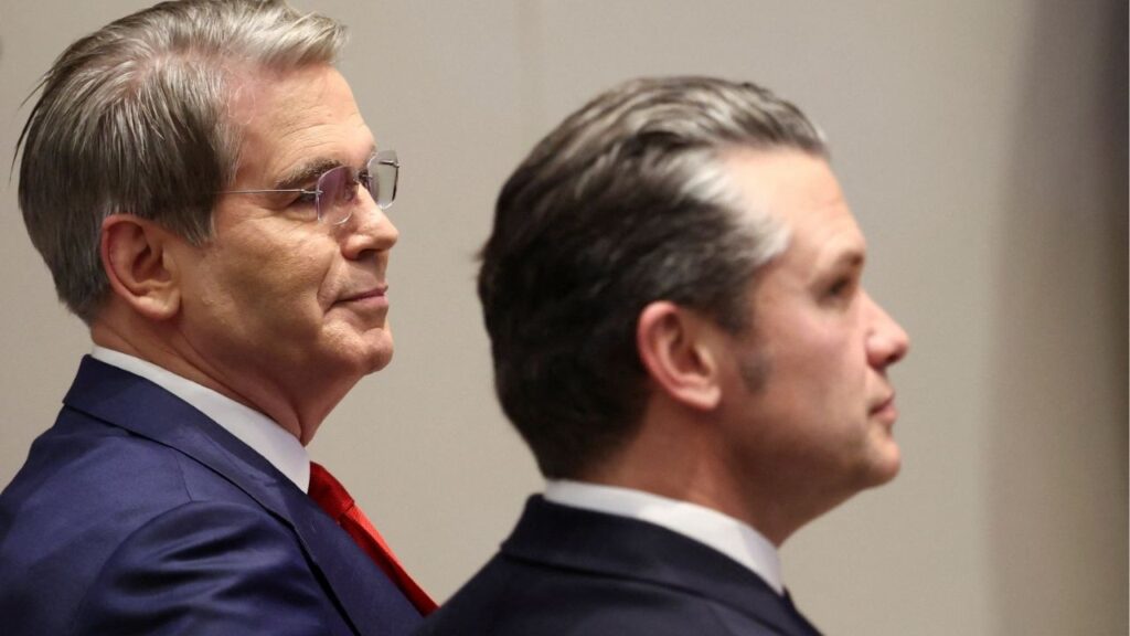 U.S. Treasury Secretary Scott Bessent and U.S. Secretary of Defense Pete Hegseth attend the "Shield of the Americas" Summit in Miami, Florida, U.S., March 7, 2026. (Reuters/Kevin Lamarque)