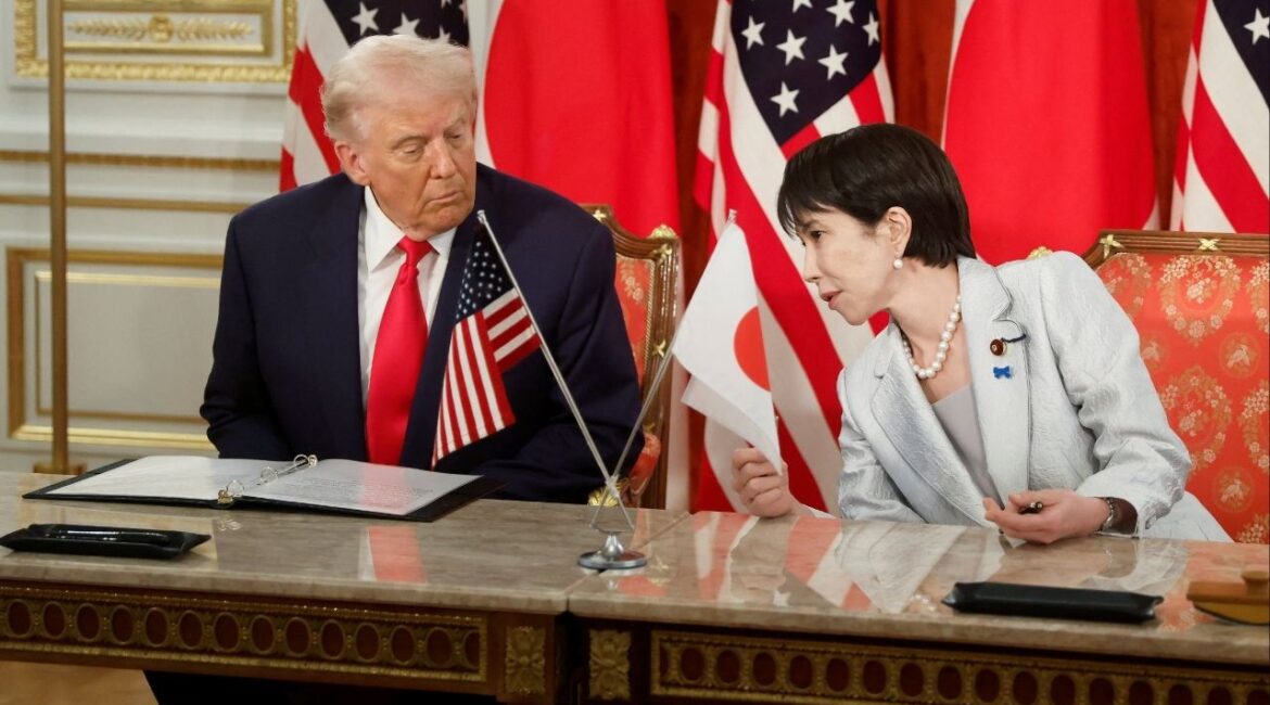 US President Donald Trump, left, and Sanae Takaichi, Japan's prime minister, during a signing ceremony for a document on the implementation of the US Japan trade deal at Akasaka Palace state guest house in Tokyo, Japan, on Tuesday, Oct. 28, 2025. (Reuters File)