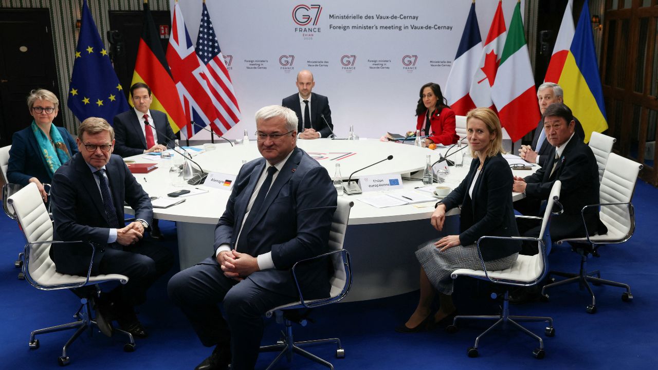 Ukraine's Foreign Minister Andrii Sybiha, Germany's Foreign Minister Johann Wadephul, Britain's Foreign Secretary Yvette Cooper, U.S. Secretary of State Marco Rubio, France's Foreign Affairs Minister Jean-Noel Barrot, Canada's Foreign Minister Anita Anand, Italy's Foreign Minister Antonio Tajani, Japan’s Foreign Minister Toshimitsu Motegi and EU High Representative and Vice-President for Foreign Affairs and Security Policy Kaja Kallas attend talks during a G7 Foreign Ministers' meeting with Partner Countries at the Vaux-de-Cernay Abbey in Cernay-la-Ville outside Paris, France, March 27, 2026. (Alain Jocard/Pool via Reuters)