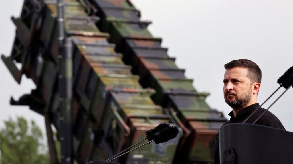 Ukrainian President Volodymyr Zelenskiy looks on during a visit to a military training area to find out about the training of Ukrainian soldiers on the “Patriot” anti-aircraft missile system, at an undisclosed location, in Germany, June 11, 2024. (Jens Buttner/Pool via Reuters)