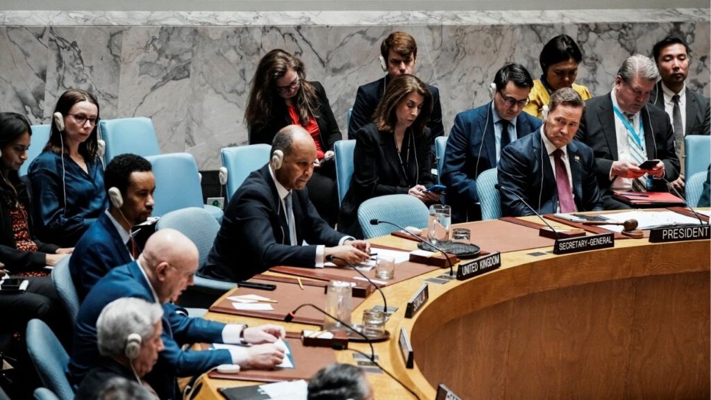 United States Ambassador to the United Nations Mike Waltz listens to Russian ambassador to the United Nations Vassily Nebenzia as he addresses the United Nations Security Council during a meeting on a sanctions resolution regarding the situation in Iran and the Middle East at U.N. headquarters in New York City, U.S., March 12, 2026. (Reuters/Eduardo Munoz)