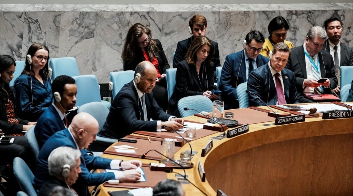 United States Ambassador to the United Nations Mike Waltz listens to Russian ambassador to the United Nations Vassily Nebenzia as he addresses the United Nations Security Council during a meeting on a sanctions resolution regarding the situation in Iran and the Middle East at U.N. headquarters in New York City, U.S., March 12, 2026. (Reuters/Eduardo Munoz)