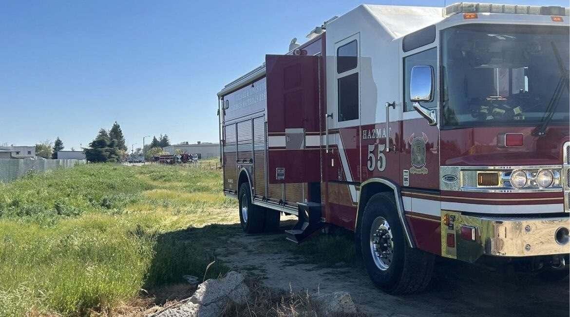 Visalia firefighters and a regional hazmat team responded Wednesday, March 11, 2026, afternoon to a reported chemical spill near Kelsey and Doe streets, urging the public to avoid the area as crews assessed the situation. (Visalia FD)