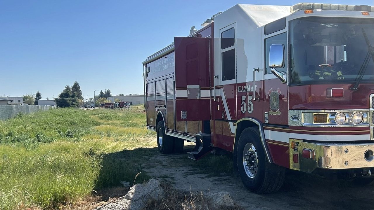 Visalia firefighters and a regional hazmat team responded Wednesday, March 11, 2026, afternoon to a reported chemical spill near Kelsey and Doe streets, urging the public to avoid the area as crews assessed the situation. (Visalia FD)