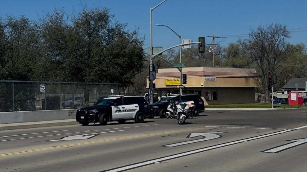 Visalia police closed the Demaree Street on-ramp to westbound Highway 198 Tuesday, March 3, 2026, morning as officers worked to assist a man experiencing a mental health crisis on an overpass at Linwood Street and Noble Avenue. (Visalia PD)