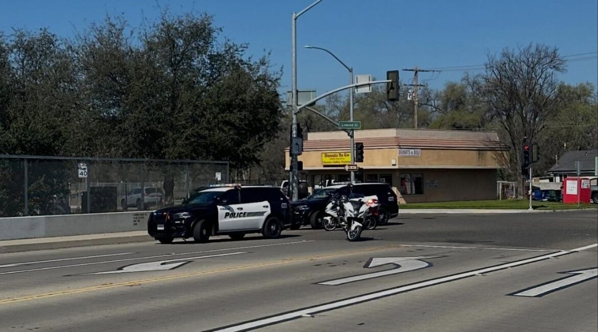 Visalia police closed the Demaree Street on-ramp to westbound Highway 198 Tuesday, March 3, 2026, morning as officers worked to assist a man experiencing a mental health crisis on an overpass at Linwood Street and Noble Avenue. (Visalia PD)
