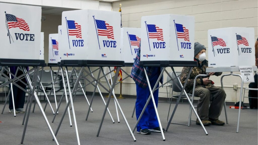 Voters at a polling place on primary election day in Reidsville, N.C., on Tuesday, March 3, 2026. The Democratic National Committee sued the Trump administration on March 10 to try to compel the government to say whether it was planning to put armed federal agents or military personnel at polling places or election offices this year. (Travis Dove/The New York Times)