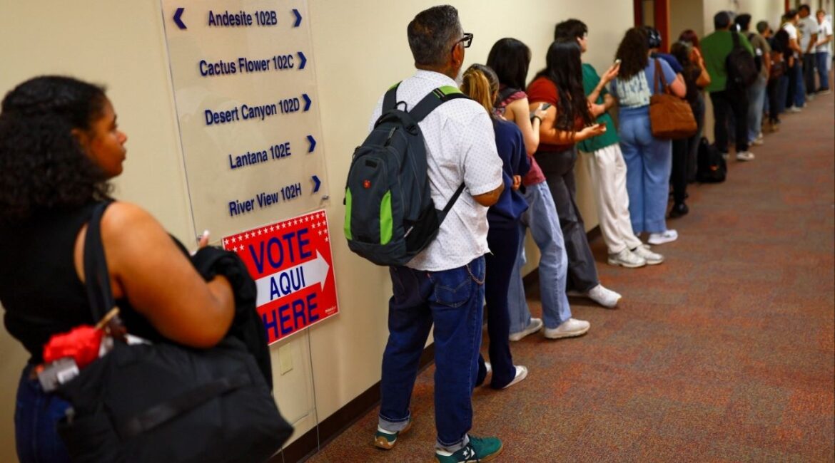 Voters line up to head to the polls in a primary election to choose candidates for the November midterm elections, at the University of Texas at El Paso (UTEP), in El Paso, Texas, U.S., March 3, 2026. (Reuters/Jose Luis Gonzalez)