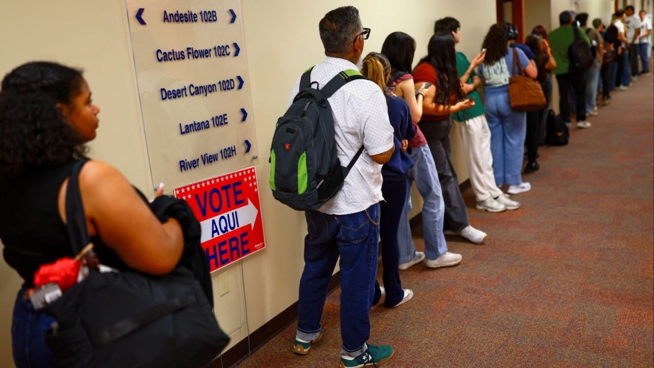 Voters line up to head to the polls in a primary election to choose candidates for the November midterm elections, at the University of Texas at El Paso (UTEP), in El Paso, Texas, U.S., March 3, 2026. (Reuters/Jose Luis Gonzalez)