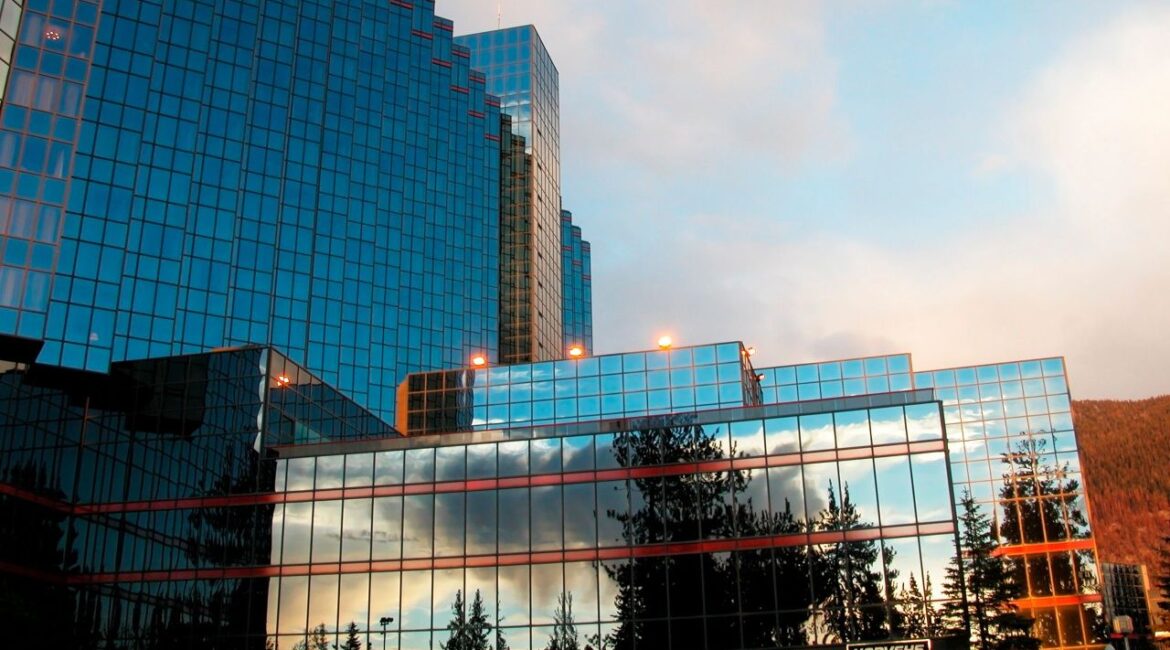 Image of high rise casinos and hotels in South Lake Tahoe under a blue sky