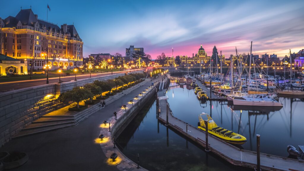 Panoramic evening view of Victoria, B.C. harbor