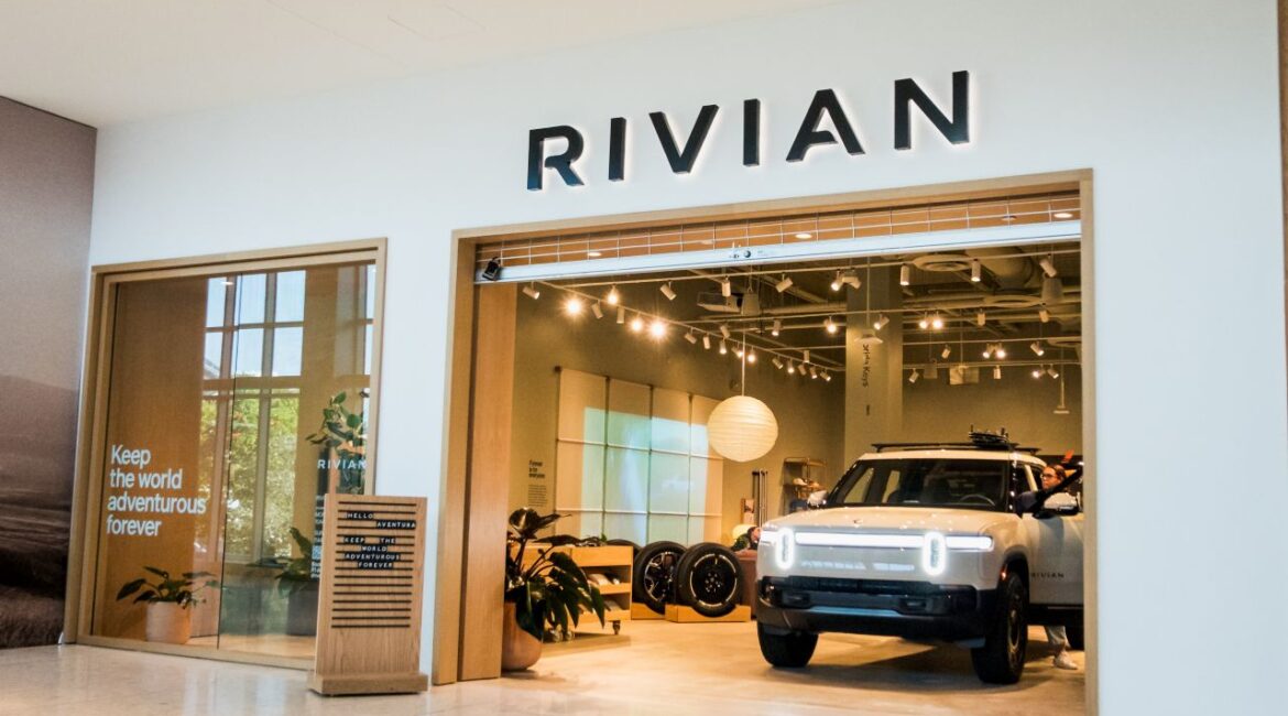 Image of the interior of a Rivian electric vehicle showroom