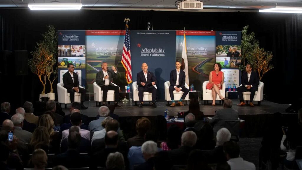 Image of California gubernatorial candidates on a stage at Fresno State