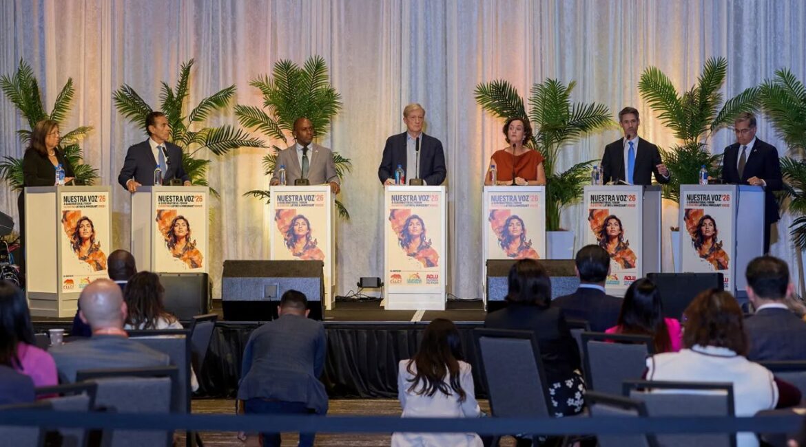 Image of Democratic candidates for California governor on a stage