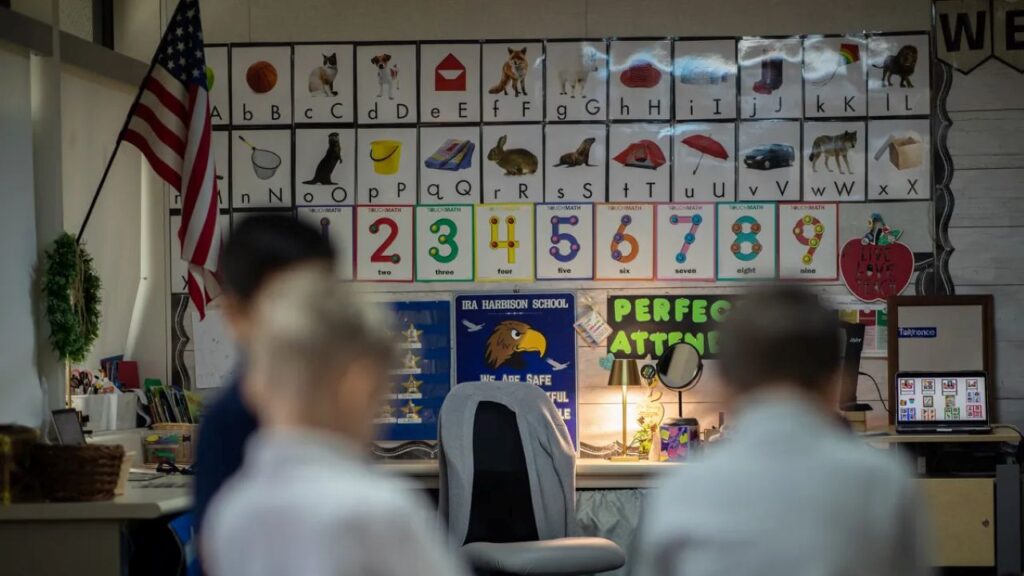 Educational posters hang on a wall inside a transitional kindergarten classroom at Ira Harbison Elementary School in National City, California