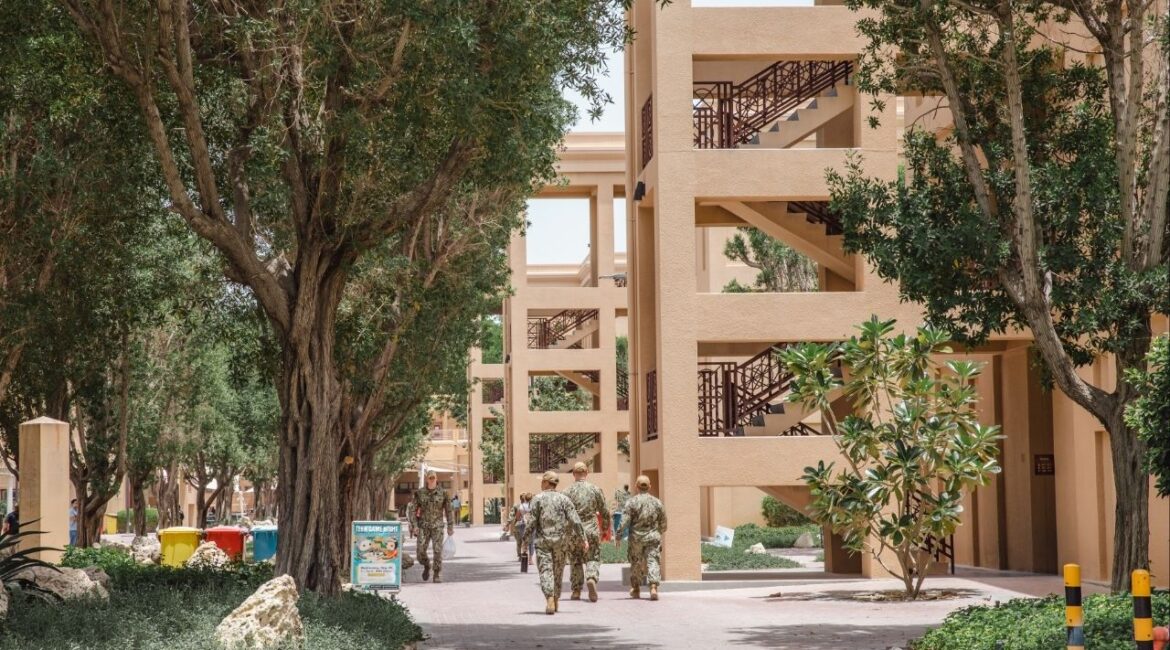 A U.S. Navy base in the Kingdom of Bahrain on May 22, 2023. The U.S. military’s decision to move troops away from bases under Iranian attack to hotels and office spaces in civilian areas may amount to violations of international humanitarian law and the U.S. military’s own laws of war, human rights officials and experts say. (Andrea DiCenzo/The New York Times)
